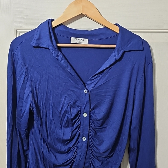 ZENANA Shelly Runched Button-Down LS Top In Blue Size Large NWOT (FM1) - Picture 3 of 13